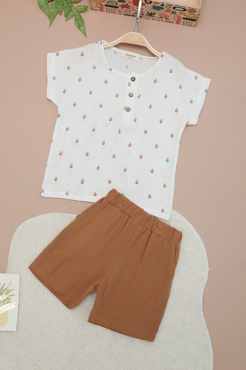 Kahverengi Erkek Bebek Desenli Gömlekli Şortlu Takım 15220