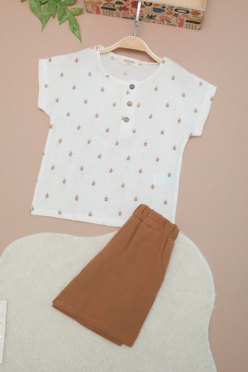 Kahverengi Erkek Bebek Desenli Gömlekli Şortlu Takım 15220