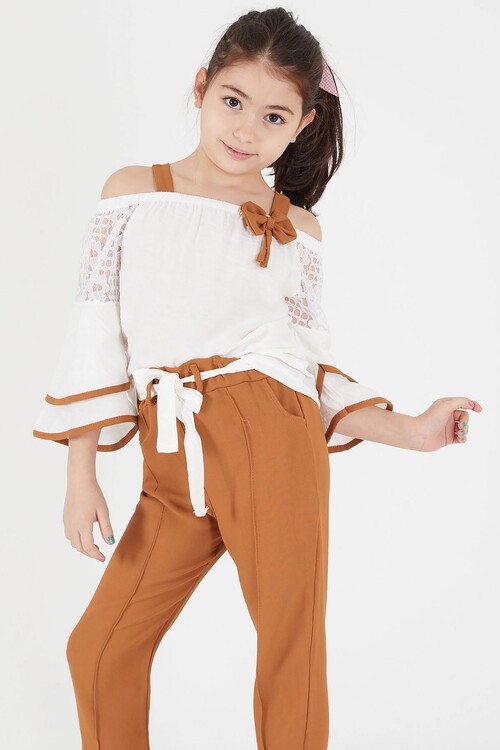 Kahverengi Fiyonklu Askılı Volanlı Kol Kız Çocuk Takım 15091