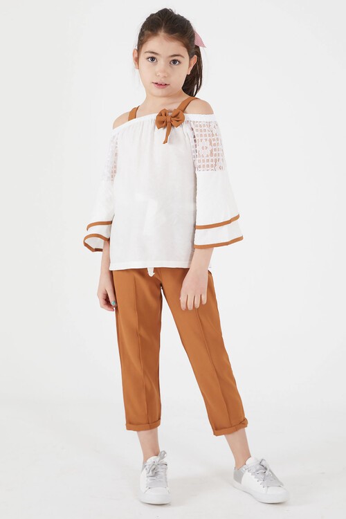 Kahverengi Fiyonklu Askılı Volanlı Kol Kız Çocuk Takım 15091