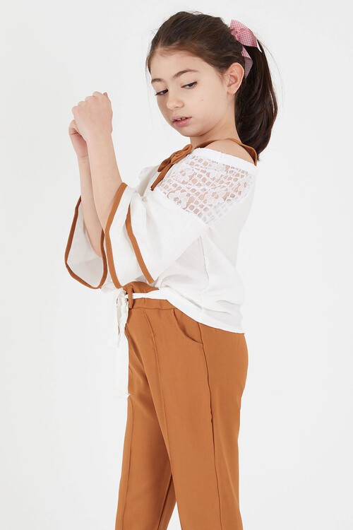 Kahverengi Fiyonklu Askılı Volanlı Kol Kız Çocuk Takım 15091