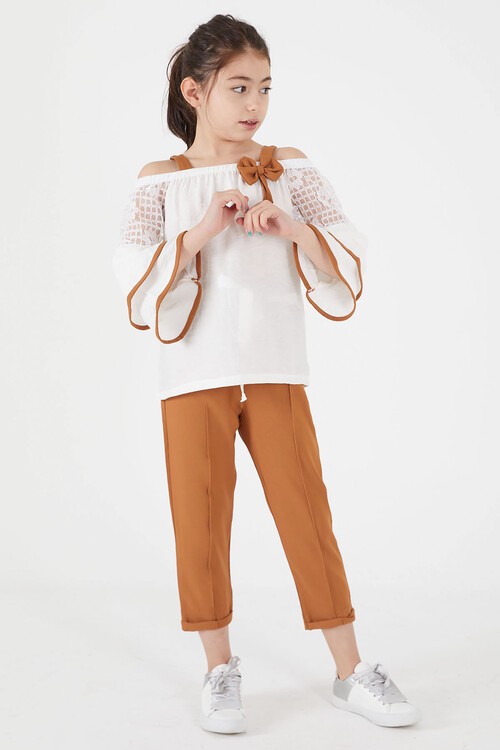 Kahverengi Fiyonklu Askılı Volanlı Kol Kız Çocuk Takım 15091