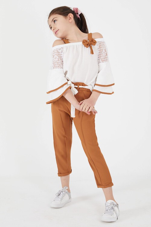 Kahverengi Fiyonklu Askılı Volanlı Kol Kız Çocuk Takım 15091