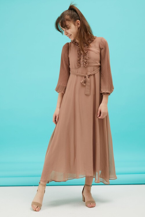 Kahverengi Piliseli Kuşaklı Kız Şifon Elbise 15206