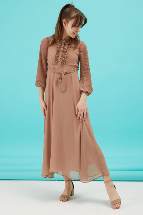 Kahverengi Piliseli Kuşaklı Kız Şifon Elbise 15206