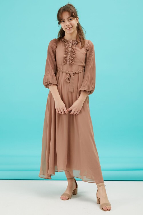 Kahverengi Piliseli Kuşaklı Kız Şifon Elbise 15206