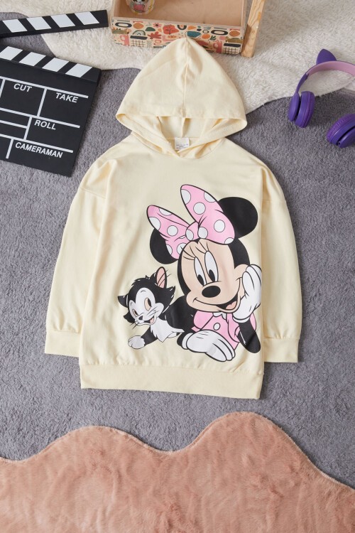 Kedili Karakter Baskılı Kız Çocuk Kapüşonlu Sweatshirt 15240