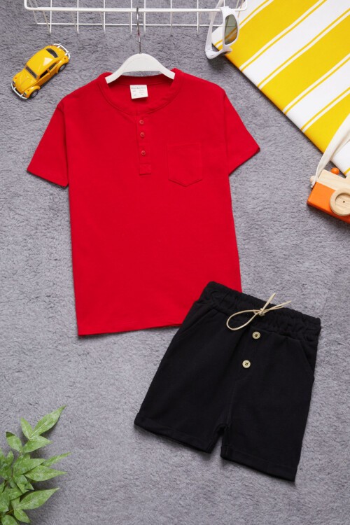 Kırmızı Düğmeli Erkek Bebek Şortlu Takım 15331