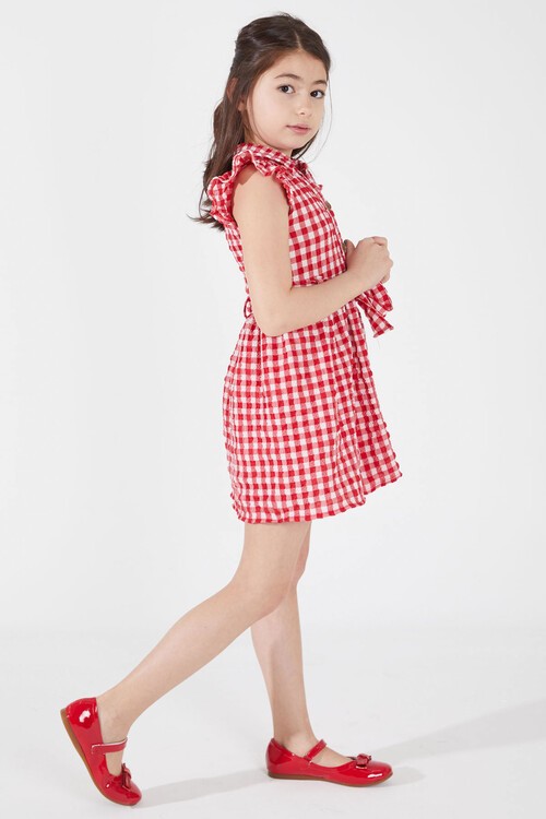 Kırmızı Kare Desenli Yakalı Kız Çocuk Elbise 15070