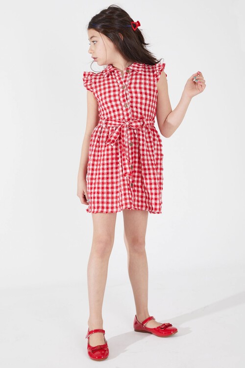 Kırmızı Kare Desenli Yakalı Kız Çocuk Elbise 15070