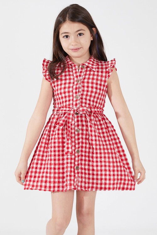 Kırmızı Kare Desenli Yakalı Kız Çocuk Elbise 15070