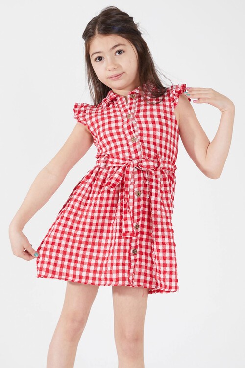 Kırmızı Kare Desenli Yakalı Kız Çocuk Elbise 15070