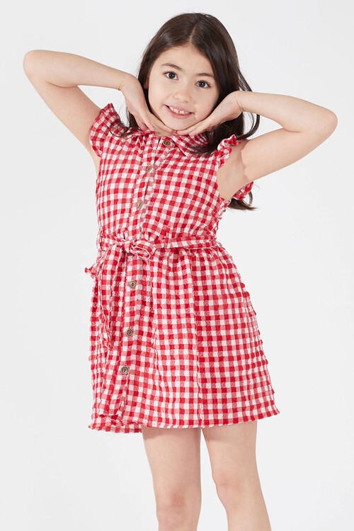 Kırmızı Kare Desenli Yakalı Kız Çocuk Elbise 15070