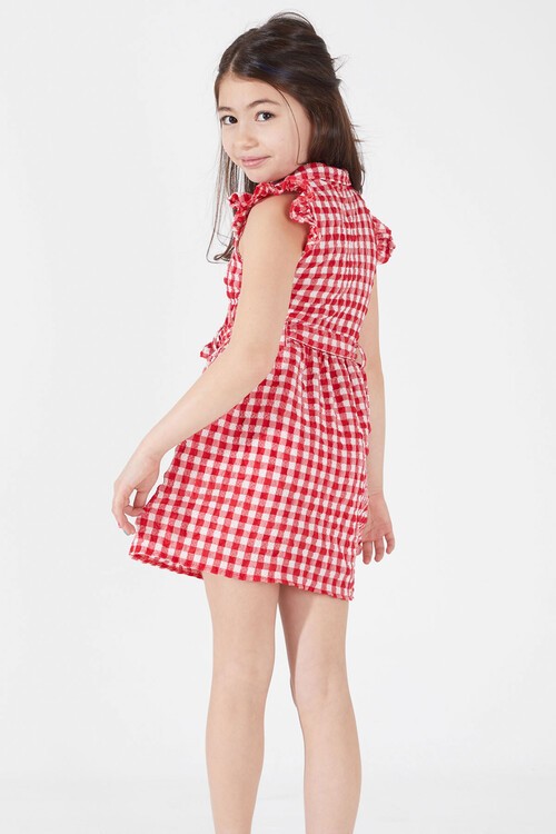 Kırmızı Kare Desenli Yakalı Kız Çocuk Elbise 15070