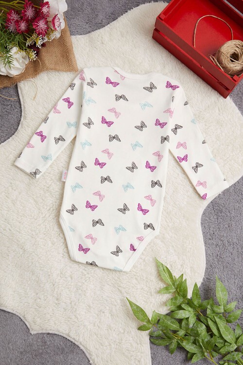 Kız Bebek Ekru Kelebekli Uzun Kol Çıtçıtlı Badi 14977