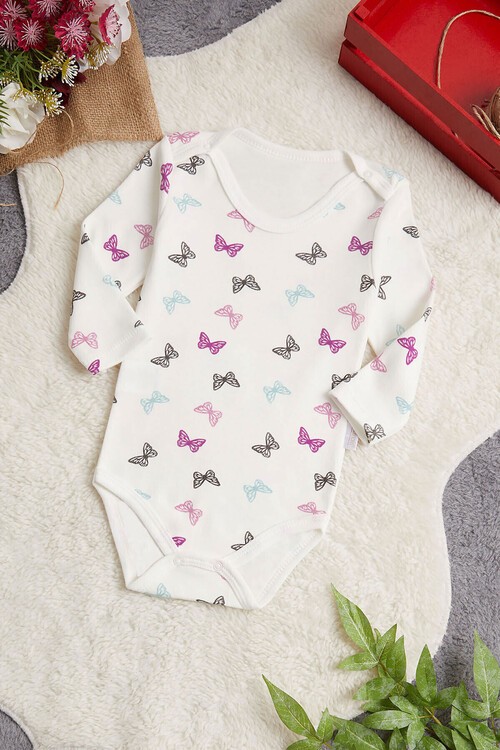 Kız Bebek Ekru Kelebekli Uzun Kol Çıtçıtlı Badi 14977