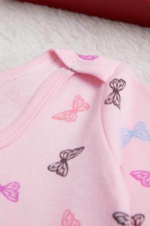 Kız Bebek Pembe Kelebekli Uzun Kol Çıtçıtlı Badi 14979