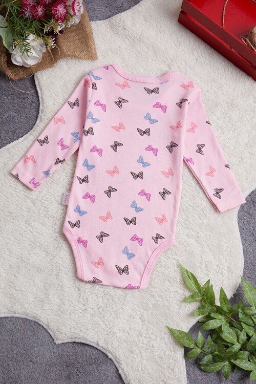 Kız Bebek Pembe Kelebekli Uzun Kol Çıtçıtlı Badi 14979