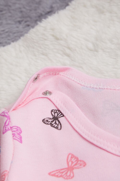 Kız Bebek Pembe Kelebekli Uzun Kol Çıtçıtlı Badi 14979