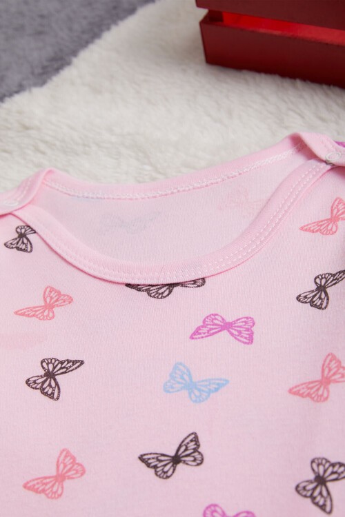 Kız Bebek Pembe Kelebekli Uzun Kol Çıtçıtlı Badi 14979
