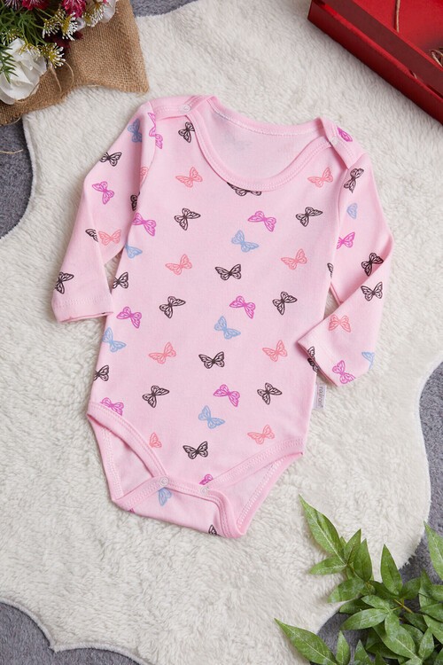 Kız Bebek Pembe Kelebekli Uzun Kol Çıtçıtlı Badi 14979