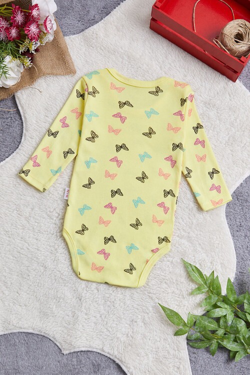 Kız Bebek  Sarı Kelebekli Uzun Kol Çıtçıtlı Badi 14976
