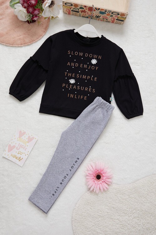 Kız Bebek Simli Yazı Detaylı Eşofman Takımı 14997