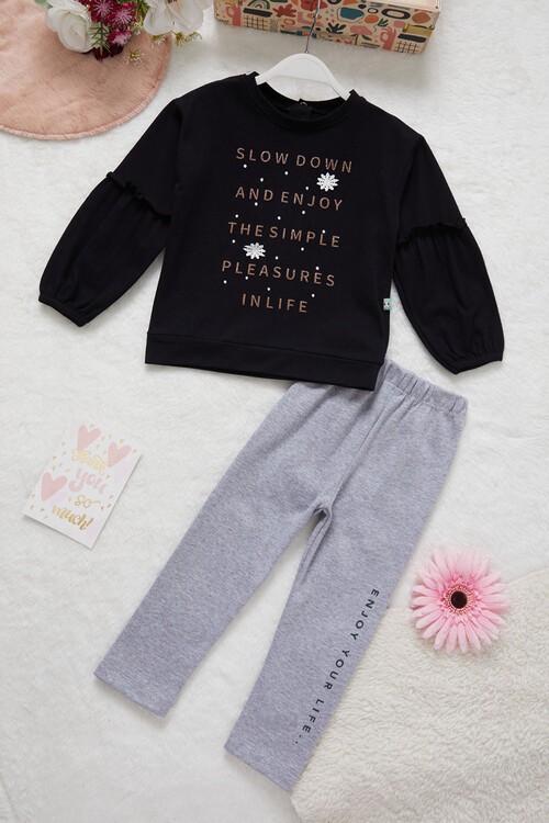 Kız Bebek Simli Yazı Detaylı Eşofman Takımı 14997