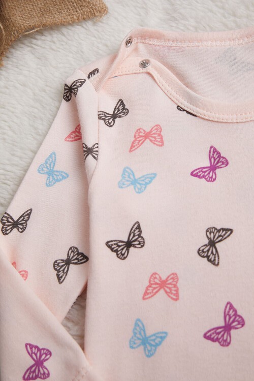 Kız Bebek Somon Kelebekli Uzun Kol Çıtçıtlı Badi 14978