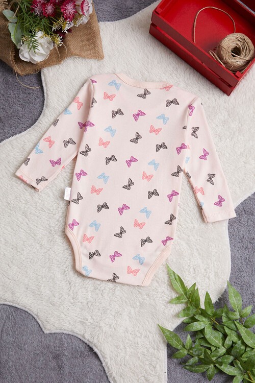 Kız Bebek Somon Kelebekli Uzun Kol Çıtçıtlı Badi 14978