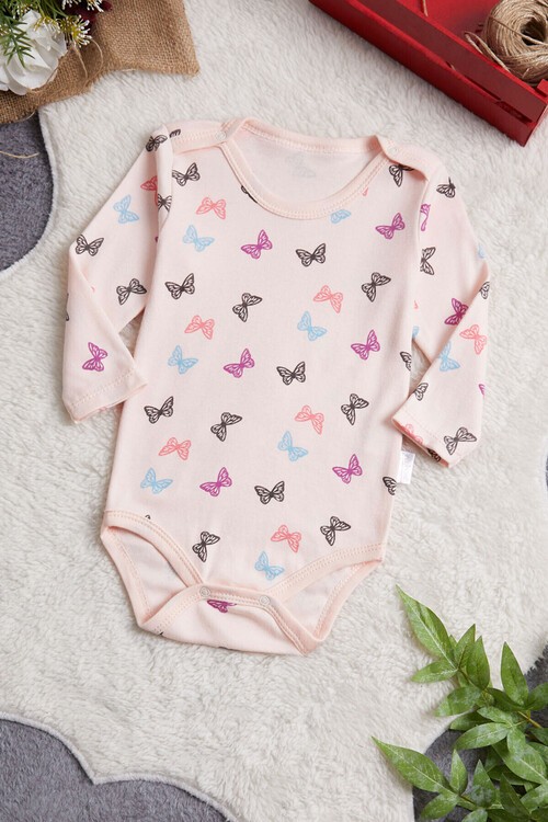 Kız Bebek Somon Kelebekli Uzun Kol Çıtçıtlı Badi 14978