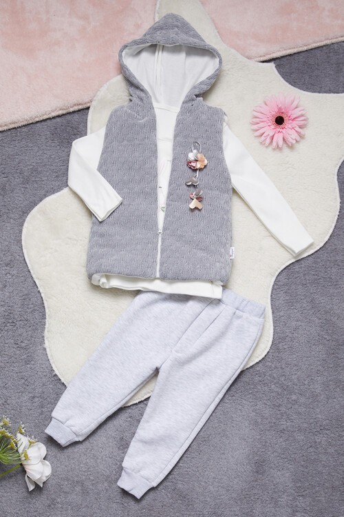 Kız Bebek Tavşan Nakışlı Yelekli 3lü Eşofman Takımı 14644