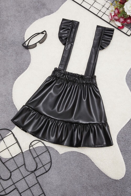 Kız Çocuk Askılı Fiyonklu Deri Etek 15028