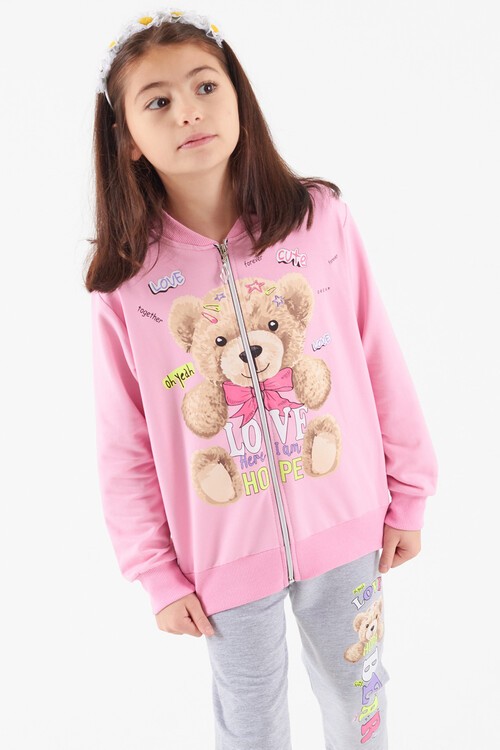 Kız Çocuk Ayıcık Baskılı Hırkalı 3lü Eşofman Takımı 14616