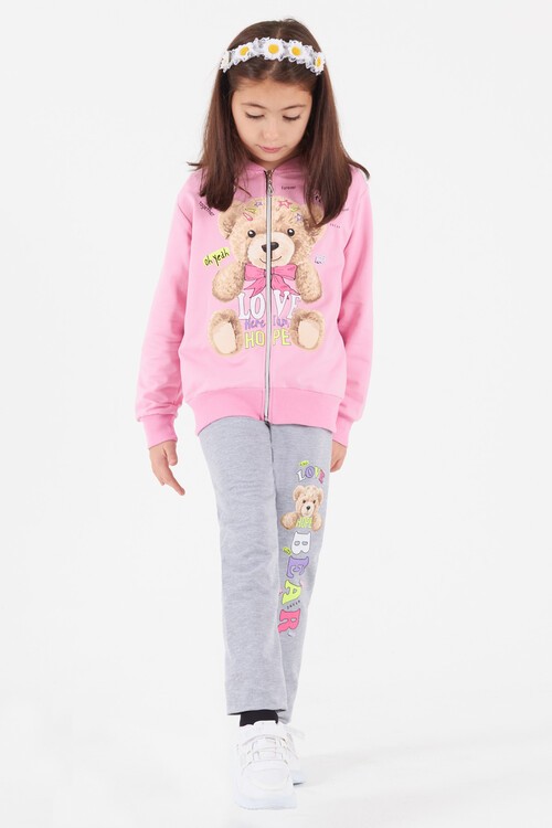 Kız Çocuk Ayıcık Baskılı Hırkalı 3lü Eşofman Takımı 14616