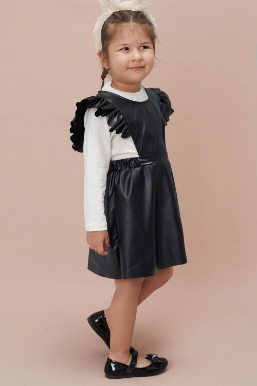 Kız Çocuk Badili 2li Siyah Deri Elbise 15039