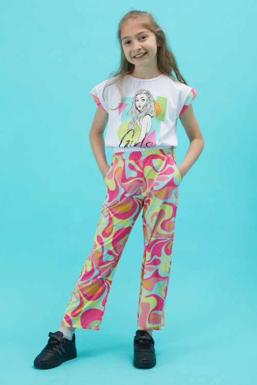 Kız Çocuk Baskılı Beyaz Bluzlu Yazlık Takım 15255