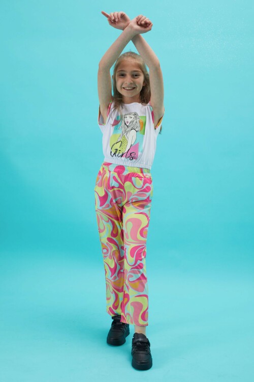 Kız Çocuk Baskılı Beyaz Bluzlu Yazlık Takım 15255