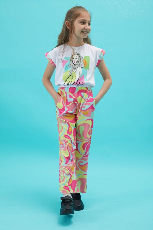 Kız Çocuk Baskılı Beyaz Bluzlu Yazlık Takım 15255