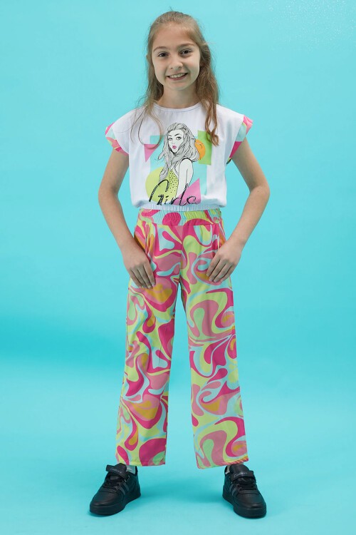 Kız Çocuk Baskılı Beyaz Bluzlu Yazlık Takım 15255