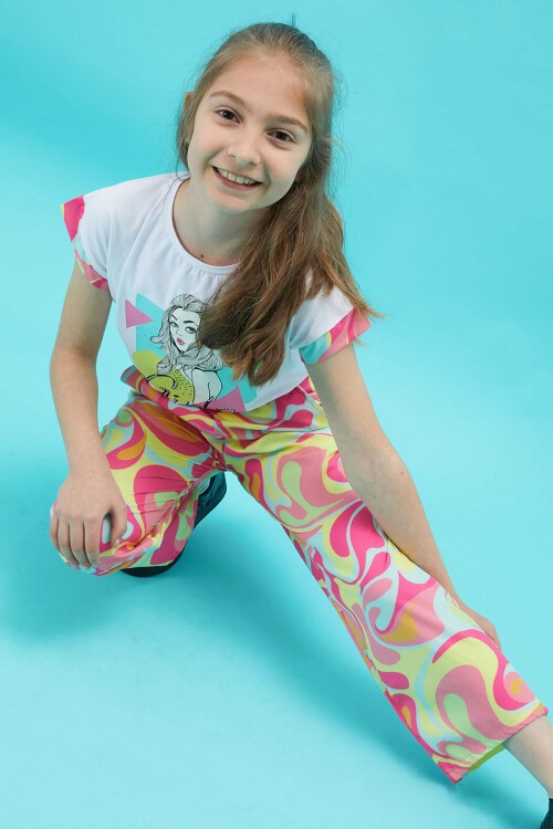 Kız Çocuk Baskılı Beyaz Bluzlu Yazlık Takım 15255