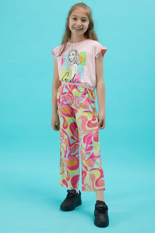 Kız Çocuk Baskılı Pembe Bluzlu Yazlık Takım 15256