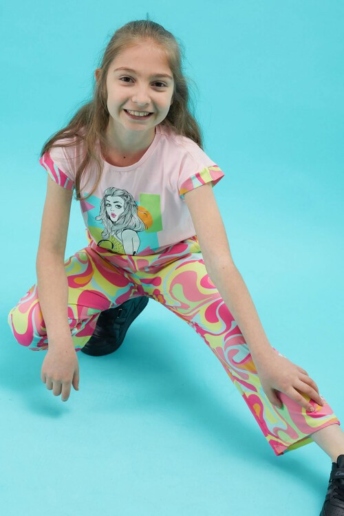 Kız Çocuk Baskılı Pembe Bluzlu Yazlık Takım 15256