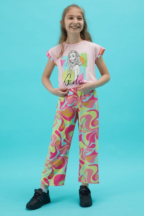 Kız Çocuk Baskılı Pembe Bluzlu Yazlık Takım 15256