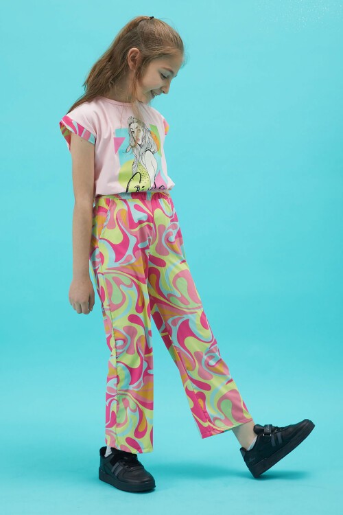 Kız Çocuk Baskılı Pembe Bluzlu Yazlık Takım 15256