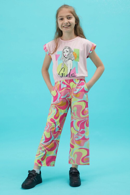 Kız Çocuk Baskılı Pembe Bluzlu Yazlık Takım 15256