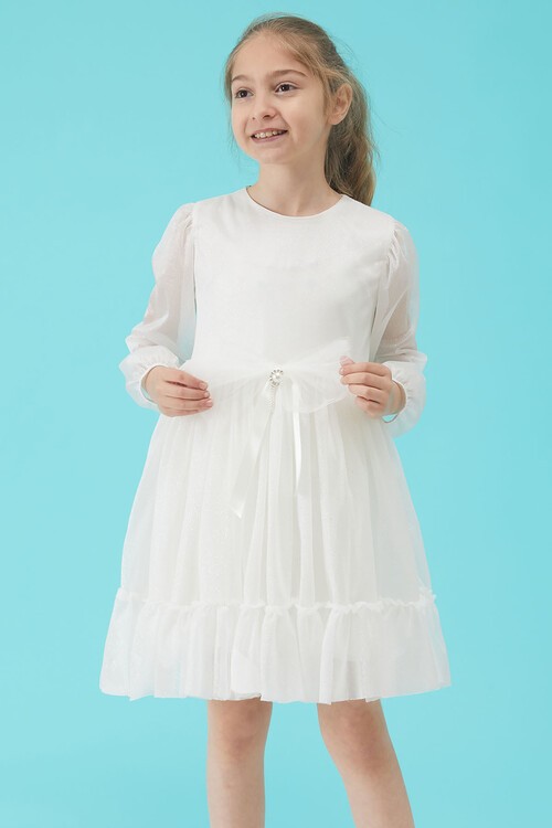 Kız Çocuk Beyaz Simli Tüllü Abiye Elbise 15189