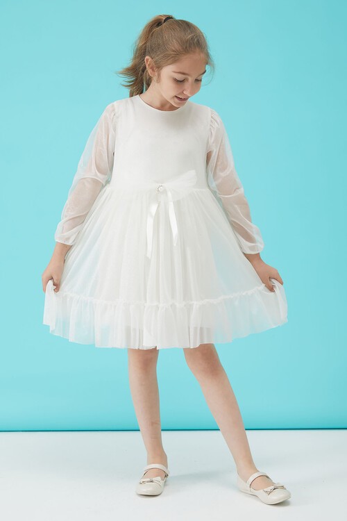 Kız Çocuk Beyaz Simli Tüllü Abiye Elbise 15189