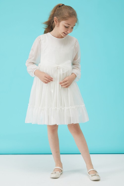 Kız Çocuk Beyaz Simli Tüllü Abiye Elbise 15189