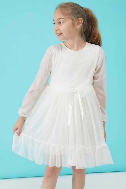 Kız Çocuk Beyaz Simli Tüllü Abiye Elbise 15189